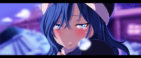 Anime picture 2879x1199 with fairy tail juvia lockser tongasart single long hair blush highres blue eyes wide image blue hair tears coloring letterboxed close-up face girl fur cap winter clothes