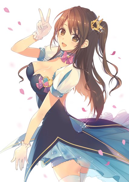 Anime picture 1050x1480 with idolmaster idolmaster cinderella girls shimamura uzuki necomi (gussan) single long hair tall image looking at viewer blush fringe breasts open mouth light erotic simple background smile brown hair large breasts white background brown eyes payot