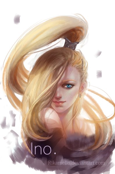 Anime picture 2223x3361 with naruto studio pierrot naruto (series) yamanaka ino rikamello single long hair tall image fringe highres blue eyes simple background blonde hair white background light smile lips hair over one eye realistic inscription girl