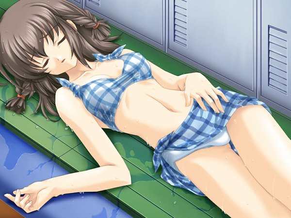 Anime picture 1024x768 with kegasareta natsu (game) light erotic brown hair game cg eyes closed sleeping locker room girl swimsuit