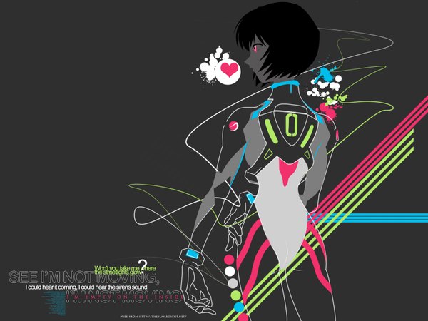 Anime picture 1600x1200 with neon genesis evangelion gainax ayanami rei sadamoto yoshiyuki nisec (nise) single short hair black hair pink eyes from behind grey background vector third-party edit girl heart pilot suit