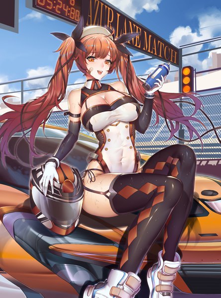 Anime picture 2551x3437 with azur lane honolulu (azur lane) sunshine (1638509769) single long hair tall image looking at viewer blush fringe highres breasts open mouth light erotic large breasts sitting twintails bare shoulders holding sky cleavage