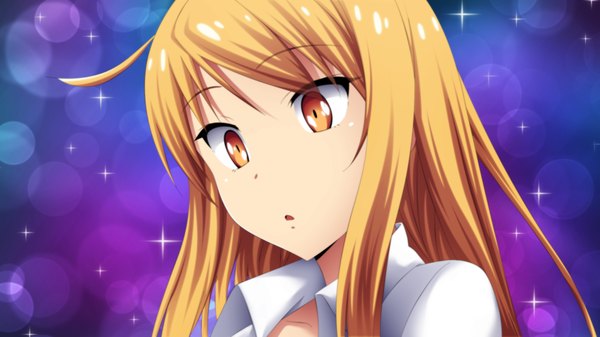 Anime picture 3200x1800 with sakura-sou no pet na kanojo j.c. staff shiina mashiro jbeenz single long hair highres open mouth blonde hair wide image :o orange eyes coloring portrait girl shirt star (stars)