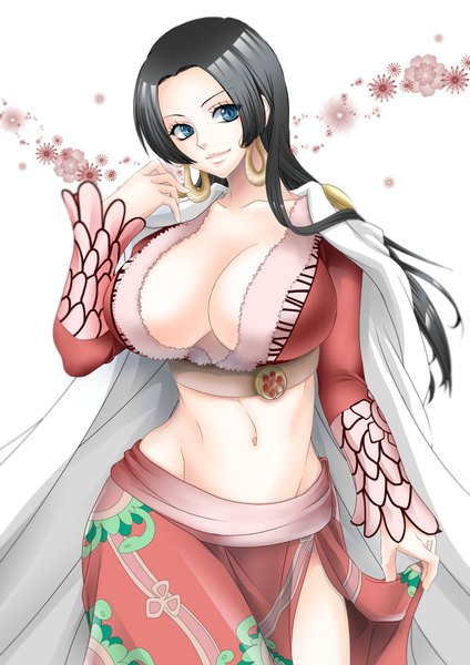 Anime picture 800x1133 with one piece toei animation boa hancock chikaburo single long hair tall image looking at viewer breasts blue eyes light erotic black hair simple background smile standing white background holding cleavage long sleeves fur trim
