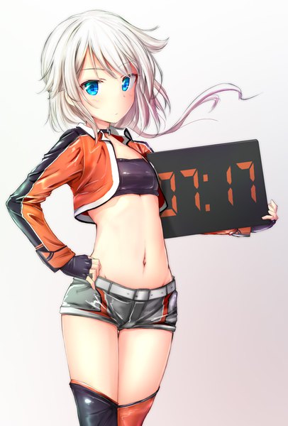Anime picture 1334x1968 with cevio one (cevio) basa rutan single tall image looking at viewer blush short hair blue eyes simple background standing holding white hair open jacket bare belly midriff zettai ryouiki gradient background thigh gap floating hair