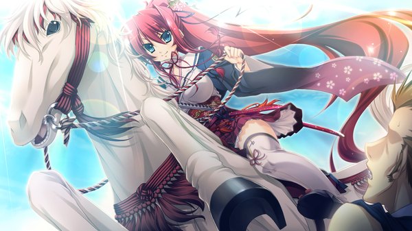 Anime picture 1280x720 with appare! tenka gomen tokugawa yoshine katagiri hinata long hair blue eyes smile wide image game cg ponytail red hair traditional clothes girl thighhighs hair ornament white thighhighs horse