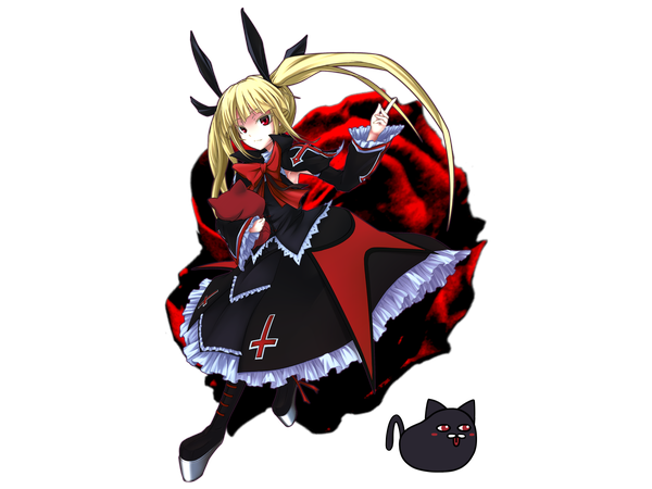 Anime picture 4000x3000 with blazblue rachel alucard single long hair highres blonde hair red eyes twintails absurdres light smile loli transparent background pointing vampire girl dress bow ribbon (ribbons) hair ribbon boots