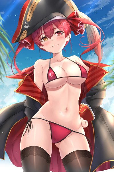 Anime picture 1280x1920 with virtual youtuber hololive houshou marine keikei (kitty colors) single long hair tall image looking at viewer blush fringe breasts light erotic smile hair between eyes red eyes large breasts standing twintails yellow eyes payot