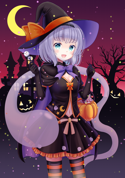 Anime picture 4961x7016 with touhou konpaku youmu myon reimei (r758120518) single tall image looking at viewer highres short hair open mouth blue eyes smile absurdres sky cleavage purple hair halloween crescent silhouette red sky