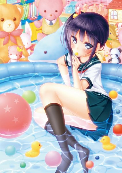 Anime picture 651x921 with original noppi (noppi 98) single long hair tall image looking at viewer blush blue eyes light erotic purple hair eating girl uniform socks serafuku food sweets black socks toy stuffed animal