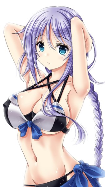 Anime picture 640x1136 with kantai collection umikaze (kantai collection) amou yuu single long hair tall image looking at viewer breasts light erotic simple background smile large breasts white background purple hair upper body braid (braids) armpit (armpits) groin single braid arms behind head