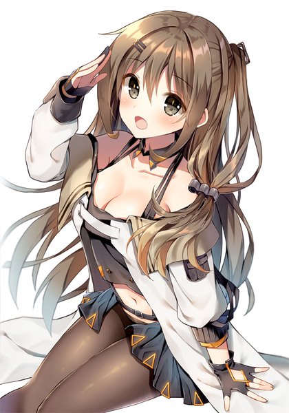 Anime-Bild 720x1028 mit girls frontline k-2 (girls frontline) mauve single long hair tall image looking at viewer blush fringe breasts open mouth light erotic simple background hair between eyes brown hair white background sitting brown eyes cleavage :d