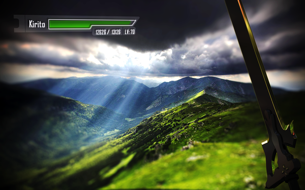 Anime picture 1920x1200 with sword art online a-1 pictures kirigaya kazuto highres wide image game cg sky cloud (clouds) outdoors sunlight realistic text mountain landscape scenic pov weapon plant (plants) sword grass