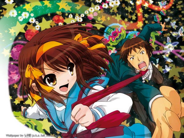 Anime picture 1600x1200 with suzumiya haruhi no yuutsu kyoto animation suzumiya haruhi kyon girl