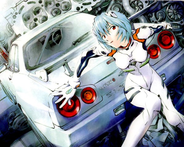 Anime picture 1280x1024 with neon genesis evangelion gainax nissan ayanami rei sadamoto yoshiyuki ground vehicle car