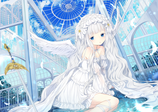 Anime picture 1412x1000 with original haruri single looking at viewer fringe blue eyes bare shoulders sky white hair blunt bangs very long hair loli white wings girl dress weapon detached sleeves sword wings white dress