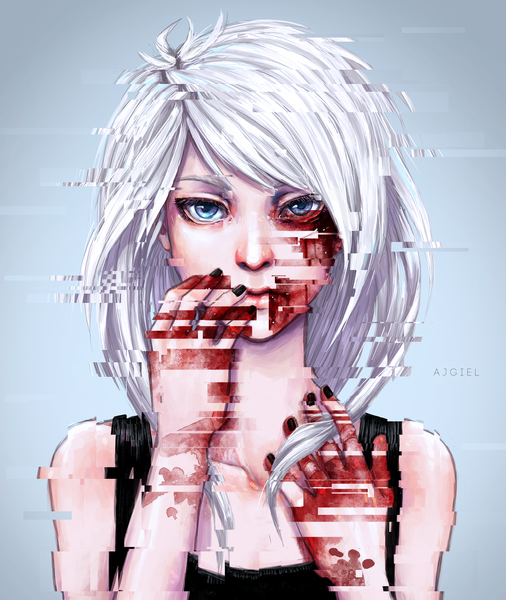 Anime picture 1544x1831 with original ajgiel single long hair tall image looking at viewer blue eyes simple background signed white hair nail polish inscription black nail polish hand on face guro girl blood bandaid tank top pixels