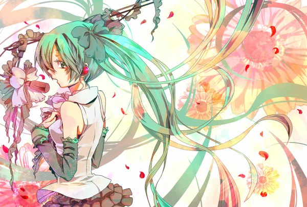 Anime picture 1180x797 with vocaloid hatsune miku single long hair twintails aqua eyes from behind aqua hair singing girl bow hair bow detached sleeves petals microphone