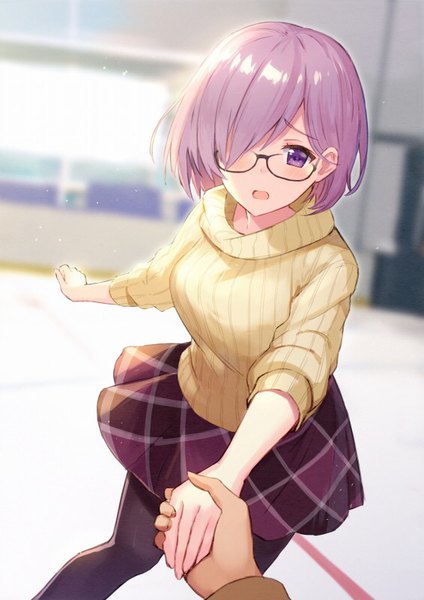 Anime picture 566x800 with fate (series) fate/grand order mash kyrielight haru (hiyori-kohal) tall image looking at viewer blush fringe short hair open mouth purple eyes pink hair hair over one eye alternate costume holding hands plaid skirt solo focus pov ice skating girl