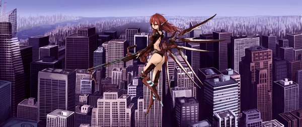 Anime picture 2380x1000 with original solru (tyappygain) single long hair highres light erotic red eyes brown hair wide image ass profile cityscape bare back flying angry sniper girl weapon wings armor