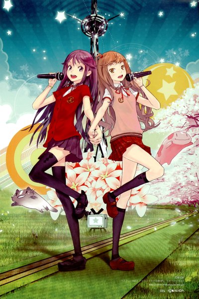 Anime picture 2331x3500 with claris (group) alice (claris) clara (claris) redjuice long hair tall image looking at viewer highres open mouth smile brown hair multiple girls purple hair inscription holding hands plaid skirt abstract girl thighhighs skirt