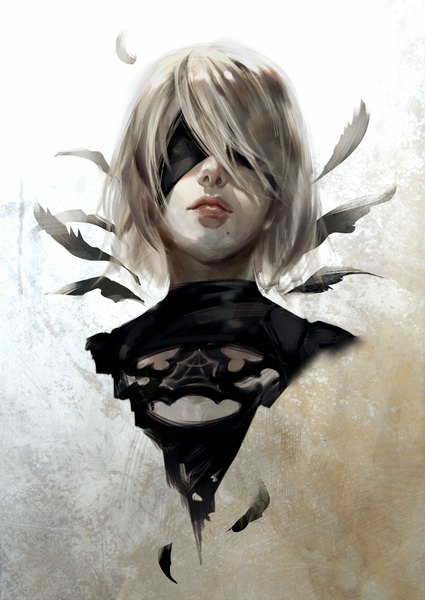 Anime picture 800x1129 with nier nier:automata yorha no. 2 type b hage2013 single tall image fringe short hair simple background white background white hair lips hair over one eye realistic mole portrait shaded face cleavage cutout pale skin mole under mouth