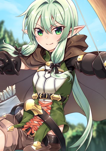 Anime picture 827x1169 with goblin slayer! high elf archer (goblin slayer!) lo xueming single long hair tall image looking at viewer blush fringe smile hair between eyes standing holding green eyes payot sky outdoors green hair pointy ears outstretched arm
