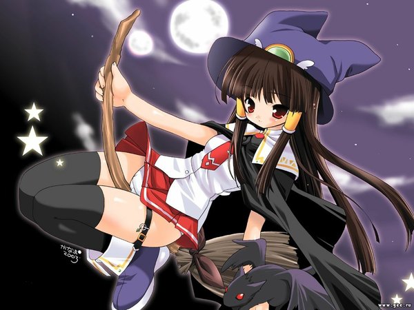 Anime picture 1024x768 with majokko a la mode rydia arsenal cauldron (majokko) single witch broom riding girl thighhighs underwear panties white panties broom