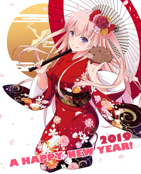 Anime picture 800x987 with original nakajima yuka single long hair tall image looking at viewer blush fringe smile hair between eyes purple eyes pink hair traditional clothes japanese clothes from above new year happy new year 2019 zodiac chinese zodiac