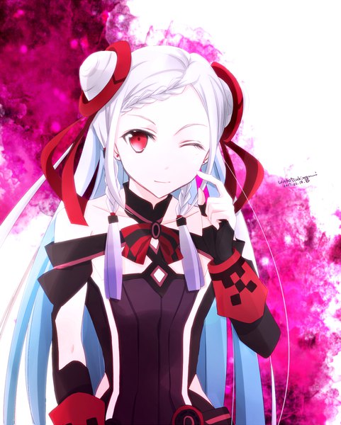 Anime picture 900x1122 with sword art online sword art online the movie: ordinal scale a-1 pictures yuna (sao) tsukimori usako single long hair tall image smile red eyes signed silver hair braid (braids) one eye closed light smile wink hair bun (hair buns) piercing dated ear piercing
