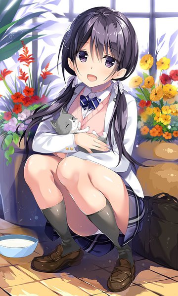 Anime picture 548x913 with original oryou single long hair tall image looking at viewer blush open mouth light erotic black hair twintails purple eyes full body pantyshot low twintails pantyshot sitting squat girl skirt uniform