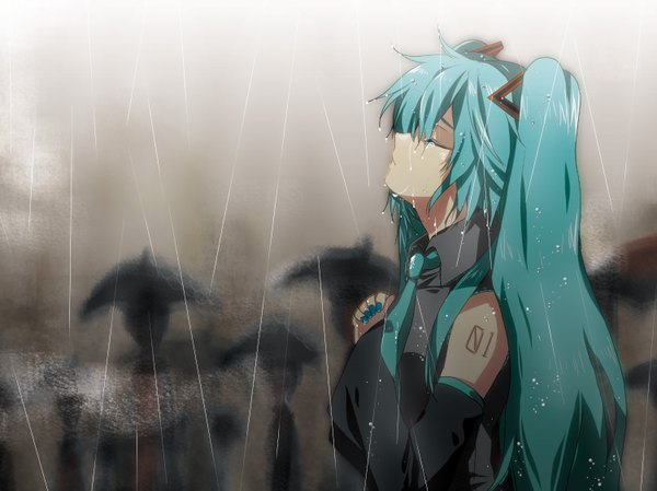 Anime picture 1501x1124 with vocaloid hatsune miku marirero a twintails eyes closed very long hair aqua hair rain girl detached sleeves