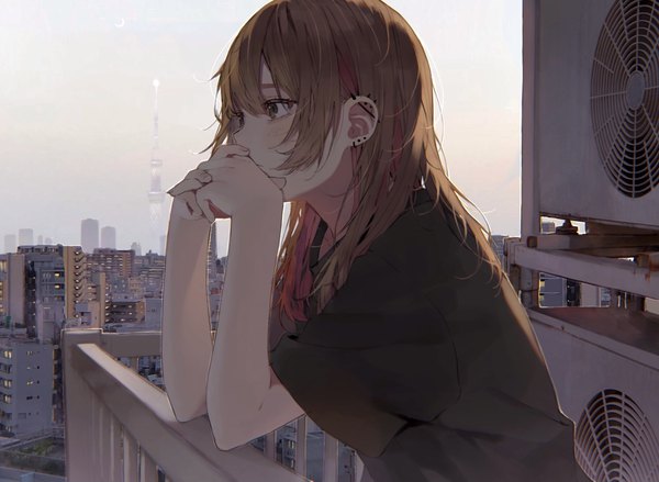 Anime picture 2046x1497 with original daluto (hitomi555) single long hair blush fringe highres hair between eyes brown hair brown eyes payot looking away upper body profile wide sleeves short sleeves piercing city ear piercing cityscape