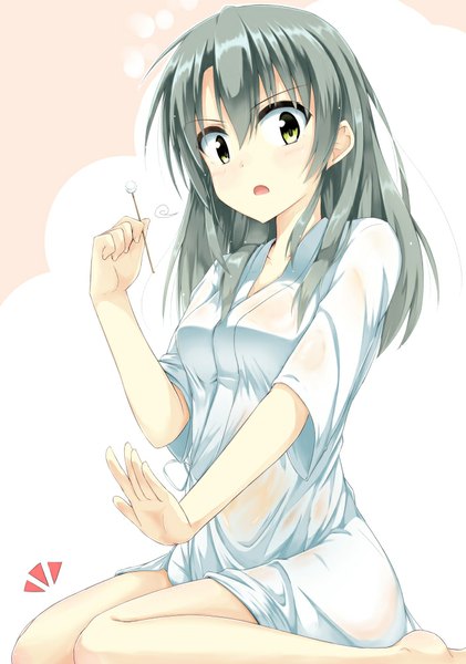 Anime picture 702x1000 with kantai collection zuikaku aircraft carrier hino (2nd life) single long hair tall image looking at viewer breasts open mouth simple background sitting holding green eyes traditional clothes japanese clothes barefoot aqua hair bare legs wariza alternate hairstyle