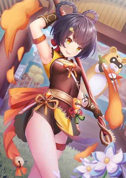Anime picture 724x1023 with genshin impact xiangling (genshin impact) guoba (genshin impact) chisi single tall image blush fringe short hair breasts open mouth black hair smile standing holding blunt bangs braid (braids) arm up orange eyes looking down