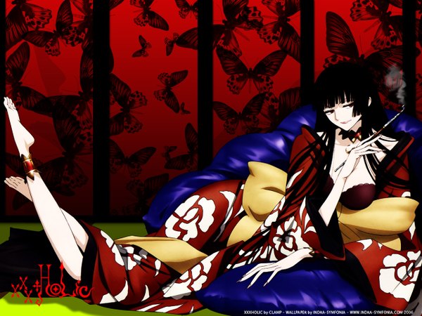 Anime picture 1280x960 with xxxholic clamp ichihara yuuko indra-symfonia single long hair fringe breasts light erotic black hair red eyes signed indoors lying blunt bangs traditional clothes japanese clothes barefoot copyright name on side