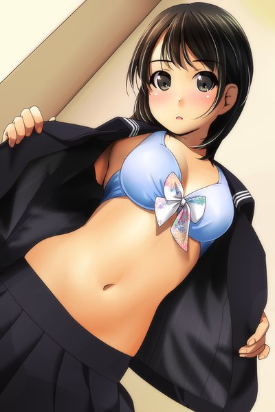 Anime picture 800x1200 with original matsunaga kouyou single long hair tall image looking at viewer blush fringe breasts light erotic black hair cleavage parted lips pleated skirt black eyes dutch angle open shirt girl skirt navel