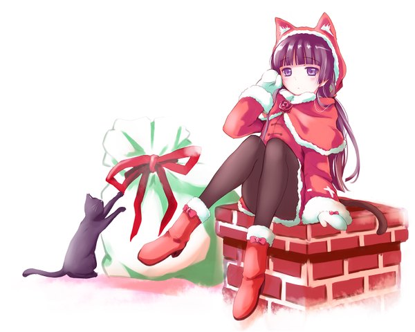 Anime picture 1500x1200 with ore no imouto ga konna ni kawaii wake ga nai gokou ruri herunin single long hair blush sitting purple eyes looking away purple hair tail animal tail cat tail fur trim christmas girl animal pantyhose fur cat