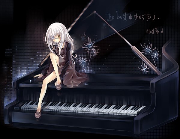 Anime picture 1200x927 with dhiea sitting yellow eyes white hair bandage over one eye girl eyepatch musical instrument higanbana piano