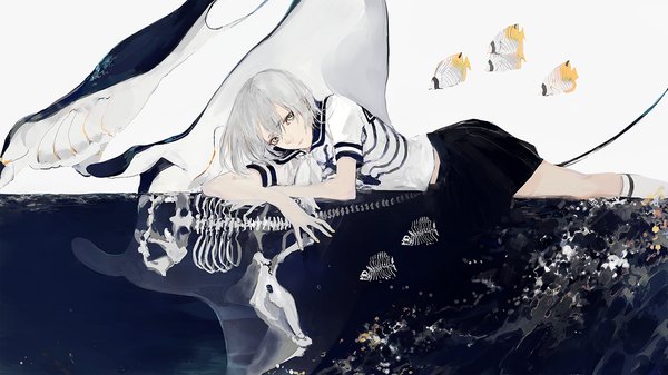 Anime picture 1300x731 with original daken single looking at viewer fringe hair between eyes wide image yellow eyes lying nail polish fingernails grey hair short sleeves reflection skeleton different reflection girl skirt uniform animal