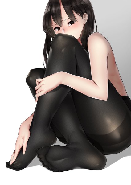 Anime picture 1450x2048 with original buta tamako tamako (ei niku) single long hair tall image looking at viewer light erotic black hair simple background sitting brown eyes full body bent knee (knees) no shoes crossed legs gradient background convenient censoring covered mouth leg hug