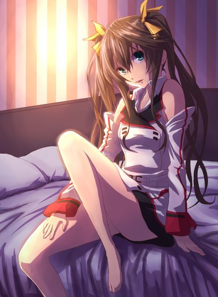 Anime picture 1024x1396 with infinite stratos 8bit fang linyin kaeru314 long hair tall image light erotic brown hair sitting twintails barefoot green hair legs girl detached sleeves