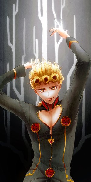 Anime picture 400x800 with jojo no kimyou na bouken giorno giovanna joka (night gate) single tall image looking at viewer short hair blonde hair yellow eyes upper body light smile arms up boy