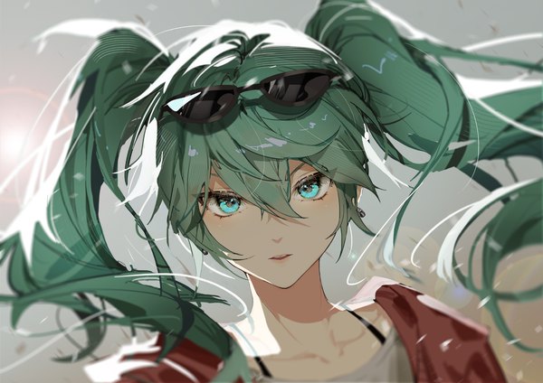 Anime picture 1415x1000 with vocaloid suna no wakusei (vocaloid) hatsune miku indai (3330425) single long hair looking at viewer fringe blue eyes hair between eyes twintails upper body wind aqua hair sunglasses on head girl sunglasses
