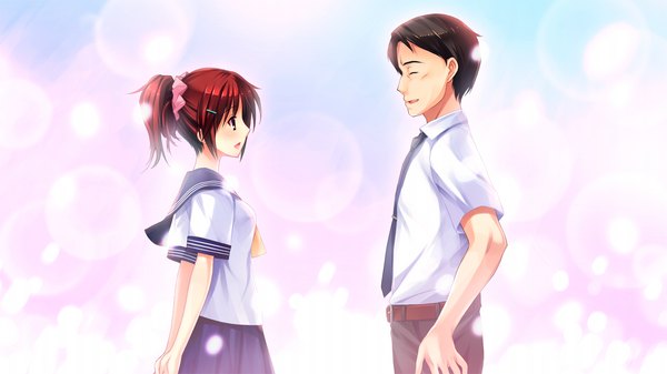 Аниме картинка 1280x720 с suika niritsu (game) короткие волосы чёрные волосы широкое изображение game cg красные волосы девушка мужчина сэрафуку