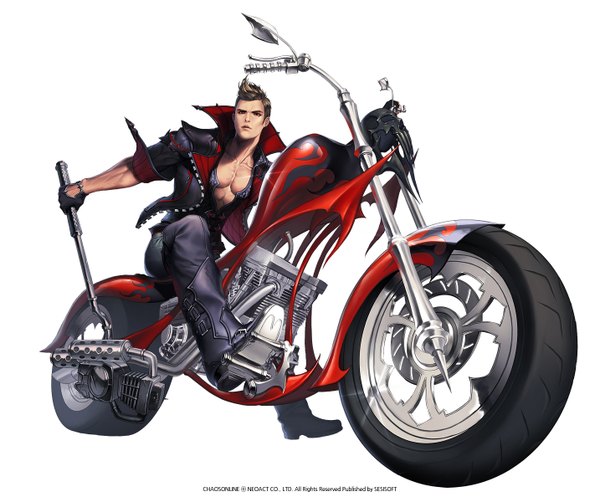 Anime picture 1434x1200 with chaos online love cacao single short hair simple background red eyes brown hair white background sitting lips short sleeves boy boots motorcycle