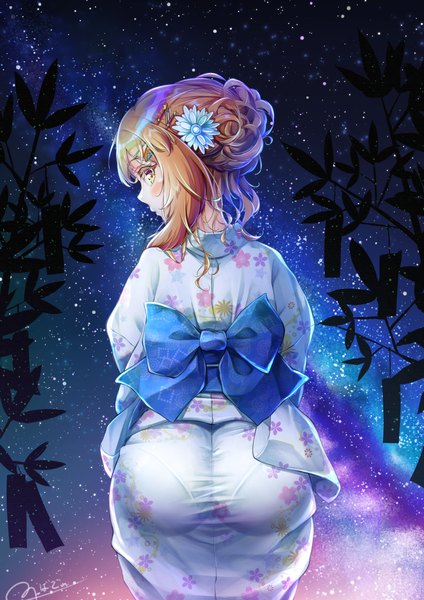 Anime-Bild 1146x1621 mit original natsusora wakana nobady single long hair tall image looking at viewer blush fringe light erotic blonde hair standing yellow eyes ass traditional clothes japanese clothes looking back from behind night night sky