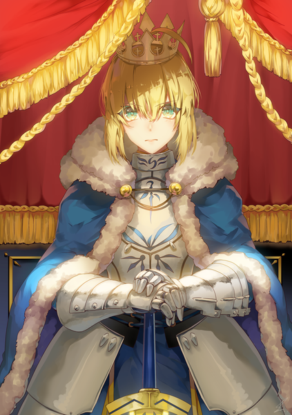 Anime picture 1686x2389 with fate (series) fate/grand order fate/stay night artoria pendragon (all) saber saihate (d3) single tall image looking at viewer blush fringe short hair blonde hair hair between eyes standing holding green eyes signed payot upper body