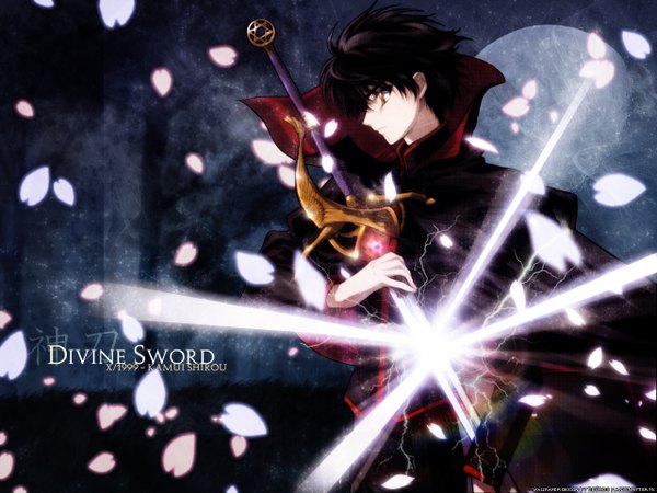 Anime picture 1280x960 with x x 1999 clamp shirou kamui lensterknight single short hair black hair brown eyes signed looking away profile copyright name character names unsheathing boy weapon petals sword moon