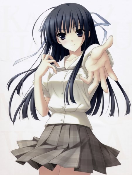 Anime picture 3060x4067 with yosuga no sora migiwa kazuha single long hair tall image looking at viewer highres black hair simple background smile white background absurdres girl skirt uniform school uniform